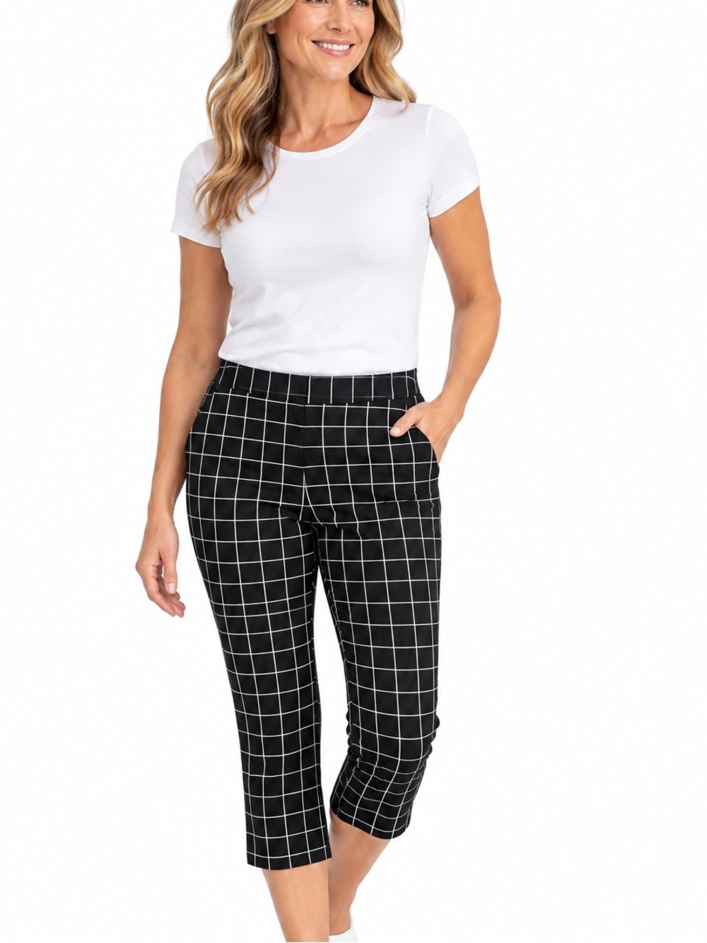 AMAMDA & CHELSEA Black & White Windowpane Grid Capris Pants Flat Front Size 16W